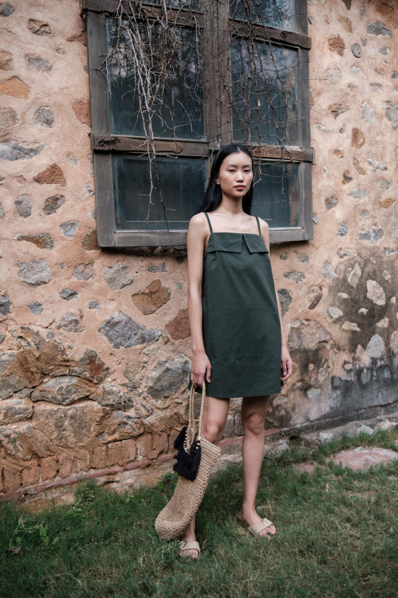 Rachel Slip Dress-Deep Green cotton by The Terra Tribe in green color for women in Singapore