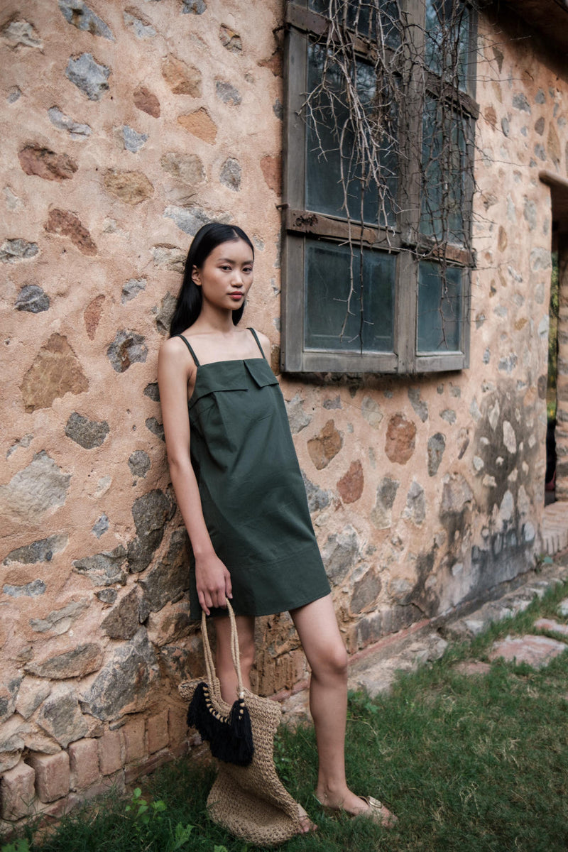 Rachel Slip Dress-Deep Green cotton by The Terra Tribe in green color for women in Singapore