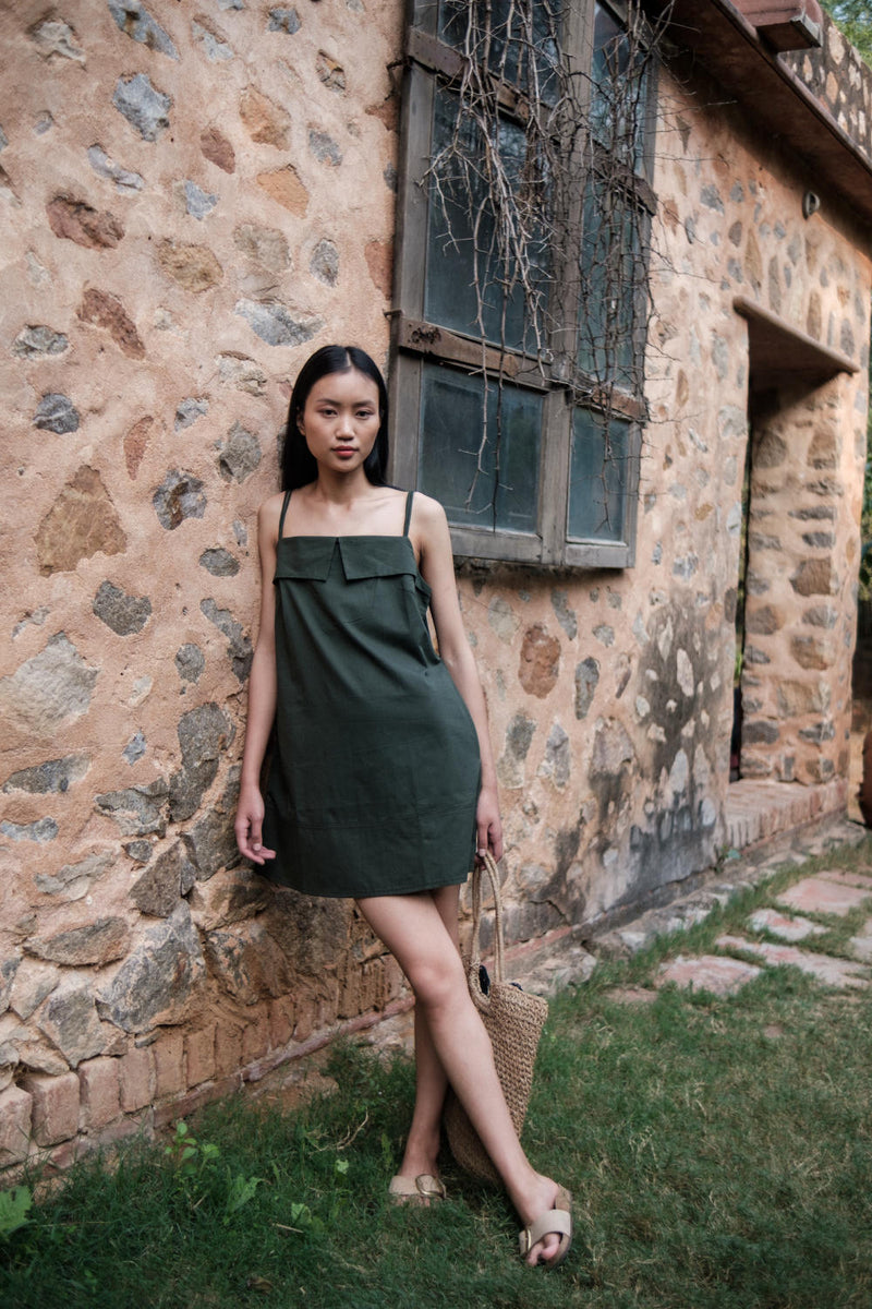 Rachel Slip Dress-Deep Green cotton by The Terra Tribe in green color for women in Singapore