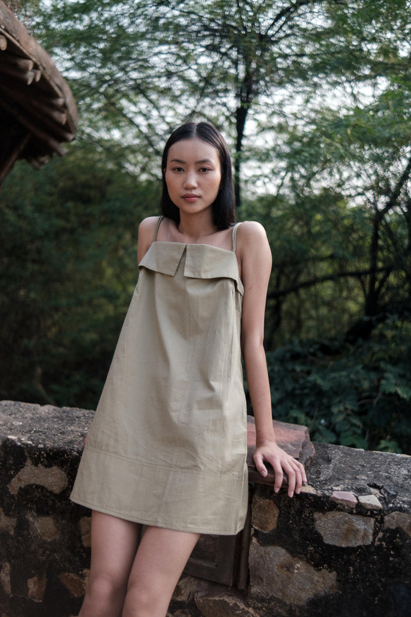 Rachel Slip Dress-Khaki cotton by The Terra Tribe for women in Singapore