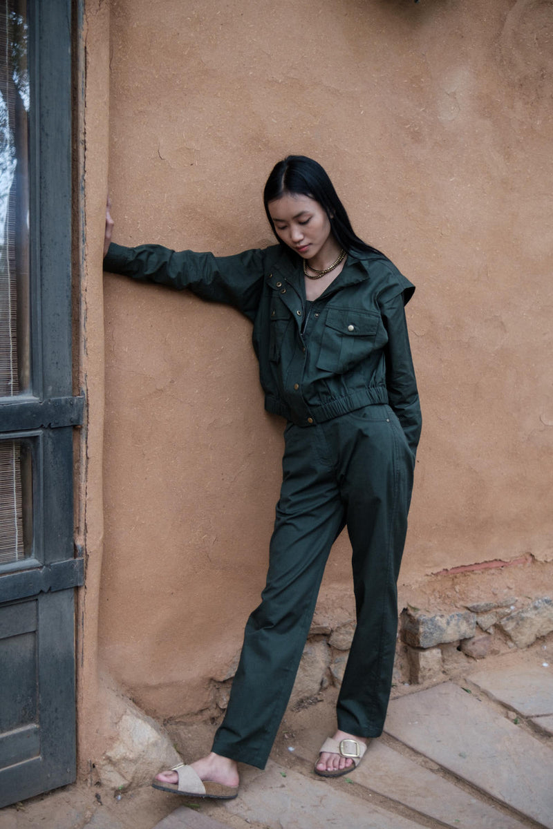 Sheldon cropped jacket-Deep Green cotton by The Terra Tribe in green color for women in Singapore