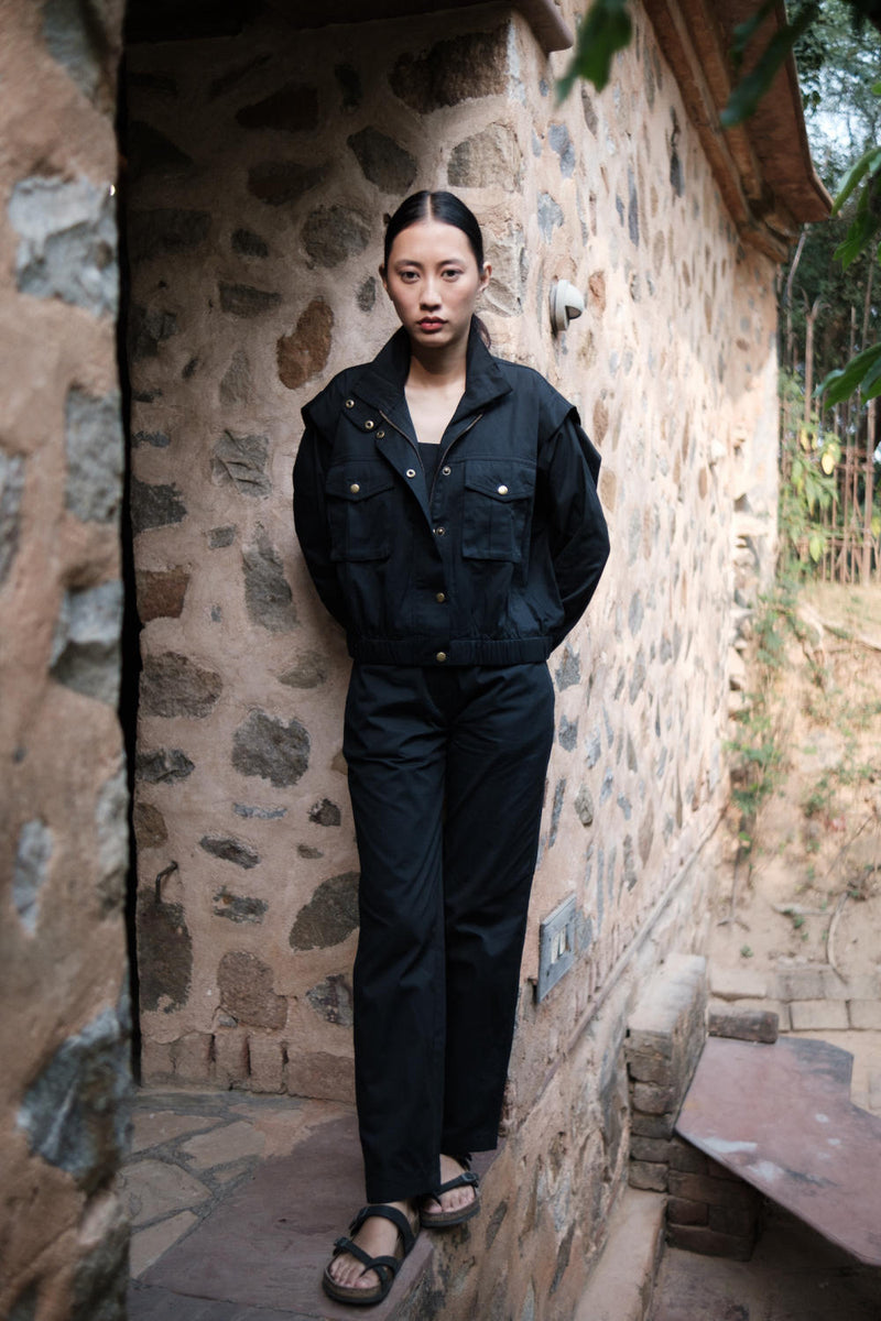 Sheldon cropped jacket-Black cotton by The Terra Tribe in black color for women in Singapore