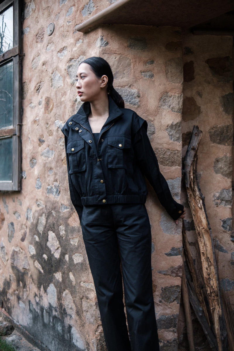 Sheldon cropped jacket-Black cotton by The Terra Tribe in black color for women in Singapore
