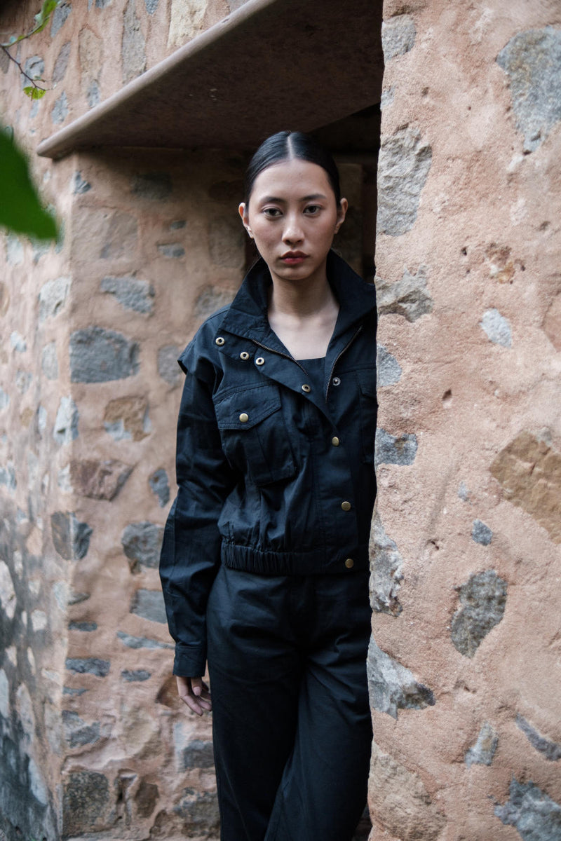 Sheldon cropped jacket-Black cotton by The Terra Tribe in black color for women in Singapore