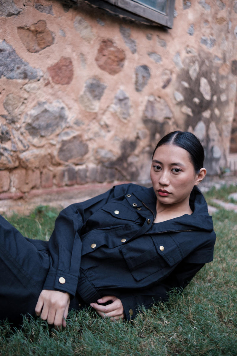 Sheldon cropped jacket-Black cotton by The Terra Tribe in black color for women in Singapore