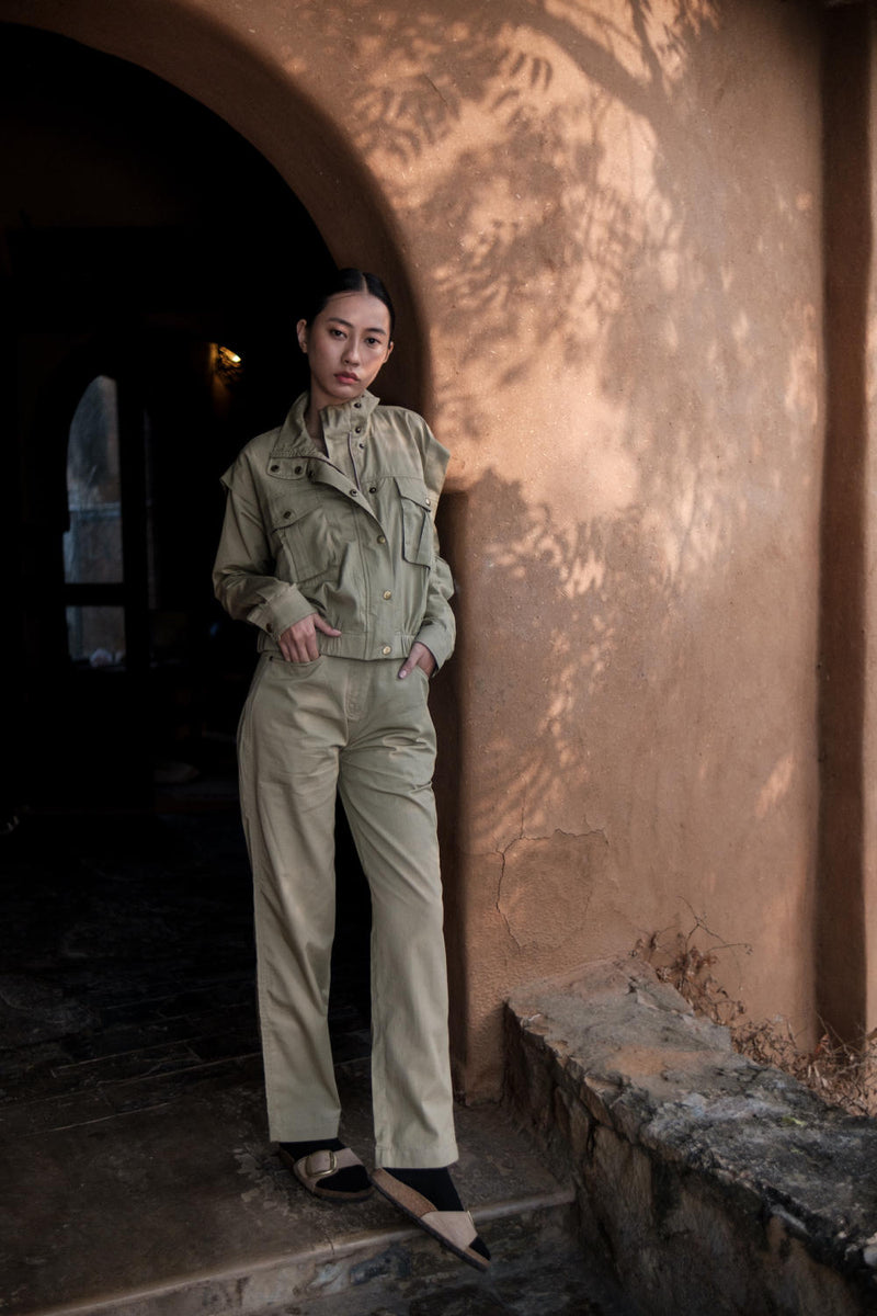 Sheldon cropped jacket-Khaki cotton by The Terra Tribe for women in Singapore