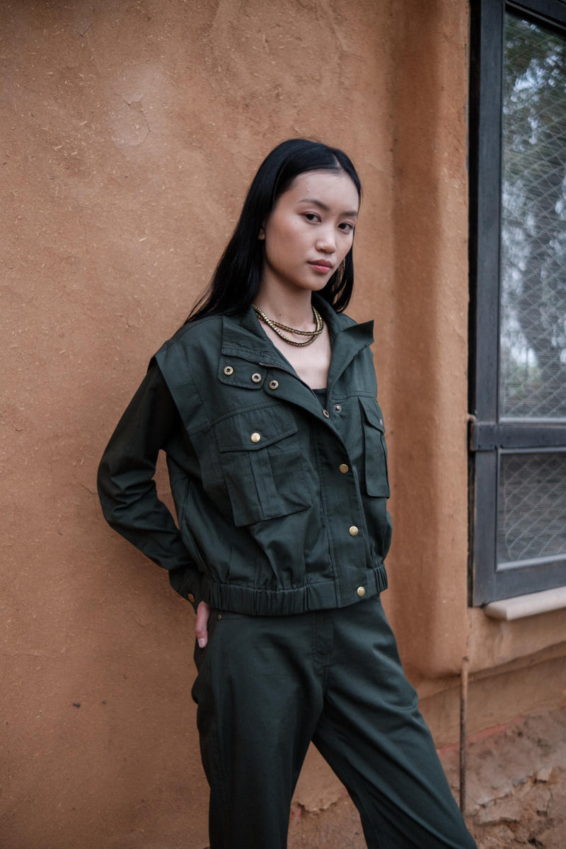 Sheldon cropped jacket-Deep Green cotton by The Terra Tribe in green color for women in Singapore