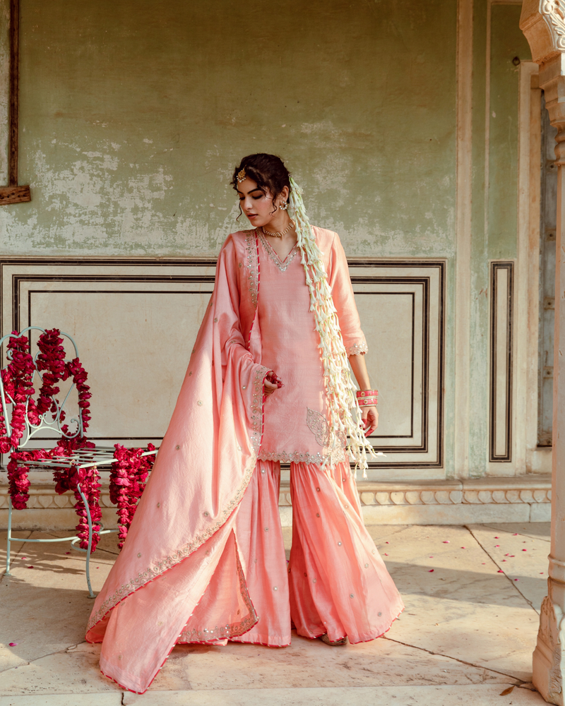 Peach Embroidered Chanderi Silk Sharara Set silk Buy Peach Embroidered Chanderi Silk Sharara Set from C&W | Kurta/Kurta Sets for Women by Maison Shefali in peach color for women in Singapore