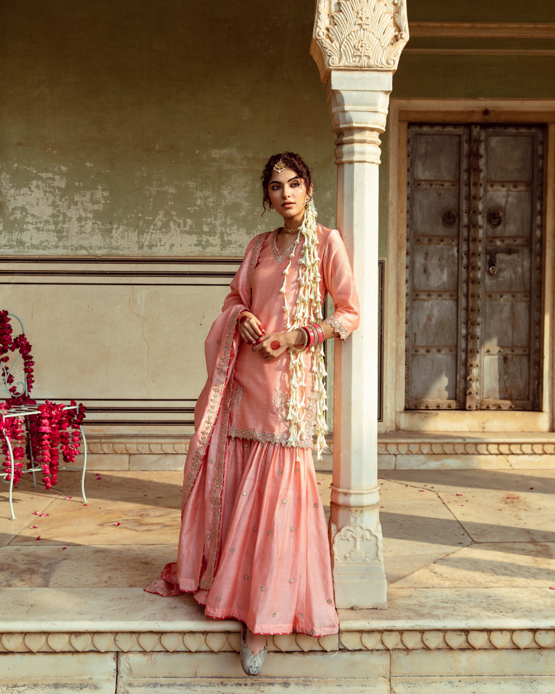 Peach Embroidered Chanderi Silk Sharara Set silk Buy Peach Embroidered Chanderi Silk Sharara Set from C&W | Kurta/Kurta Sets for Women by Maison Shefali in peach color for women in Singapore