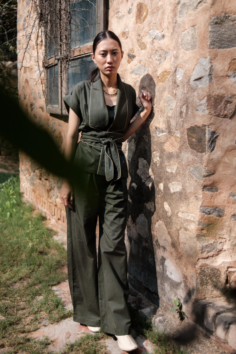 Berlin Shawl collar Top-Deep Green cotton by The Terra Tribe in green color for women in Singapore
