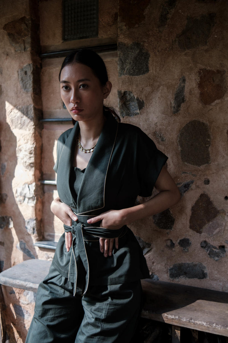 Berlin Shawl collar Top-Deep Green cotton by The Terra Tribe in green color for women in Singapore