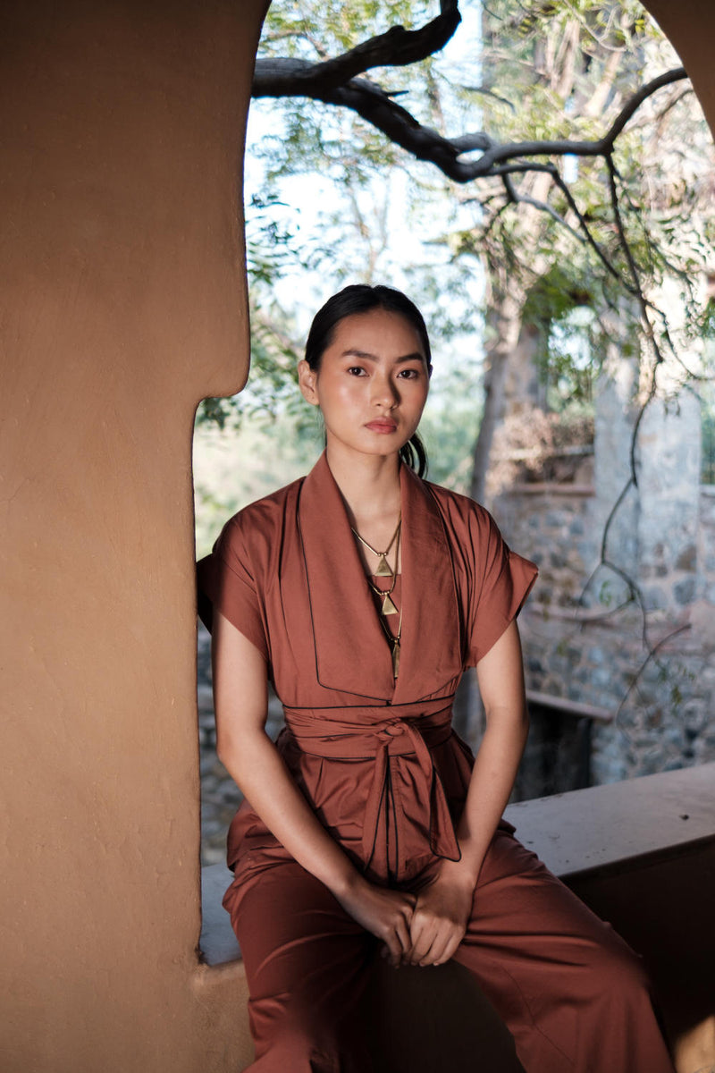 Berlin Shawl collar Top-Copper cotton by The Terra Tribe for women in Singapore