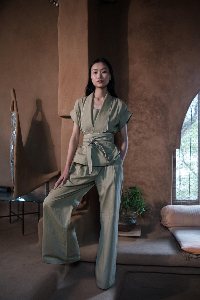 Berlin Shawl collar Top-Khaki cotton by The Terra Tribe for women in Singapore