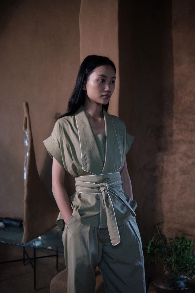 Berlin Shawl collar Top-Khaki cotton by The Terra Tribe for women in Singapore