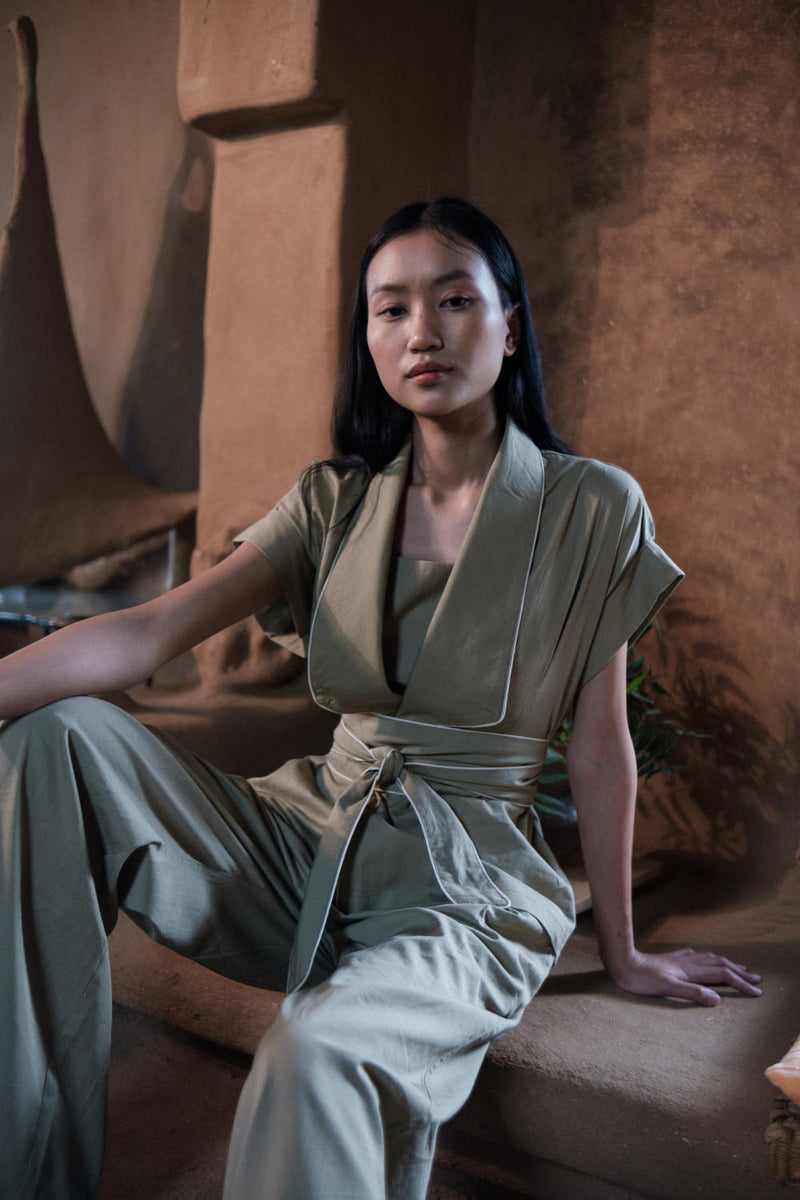 Berlin Shawl collar Top-Khaki cotton by The Terra Tribe for women in Singapore