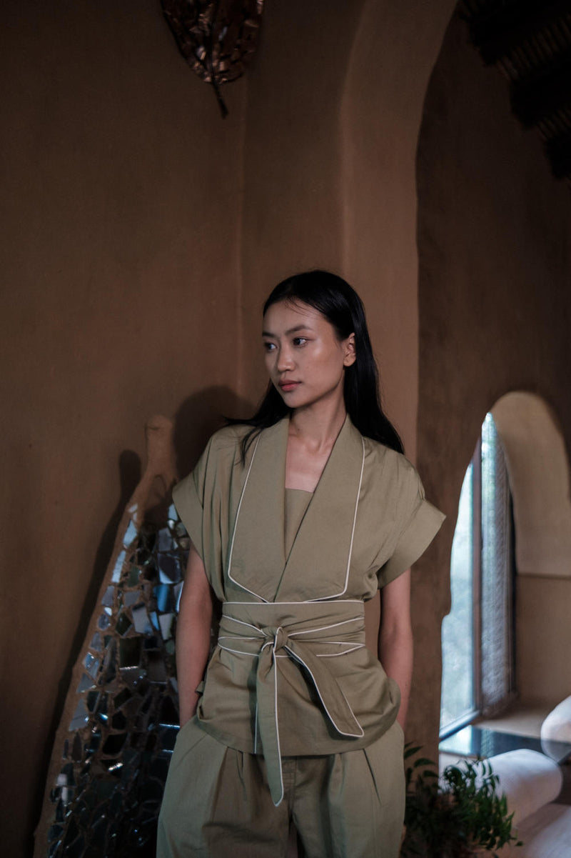 Berlin Shawl collar Top-Khaki cotton by The Terra Tribe for women in Singapore