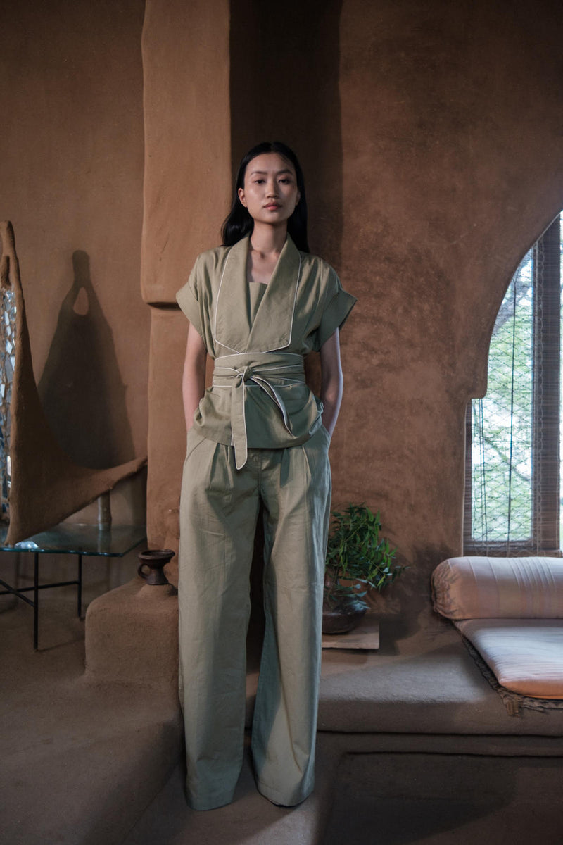 Berlin Shawl collar Top-Khaki cotton by The Terra Tribe for women in Singapore