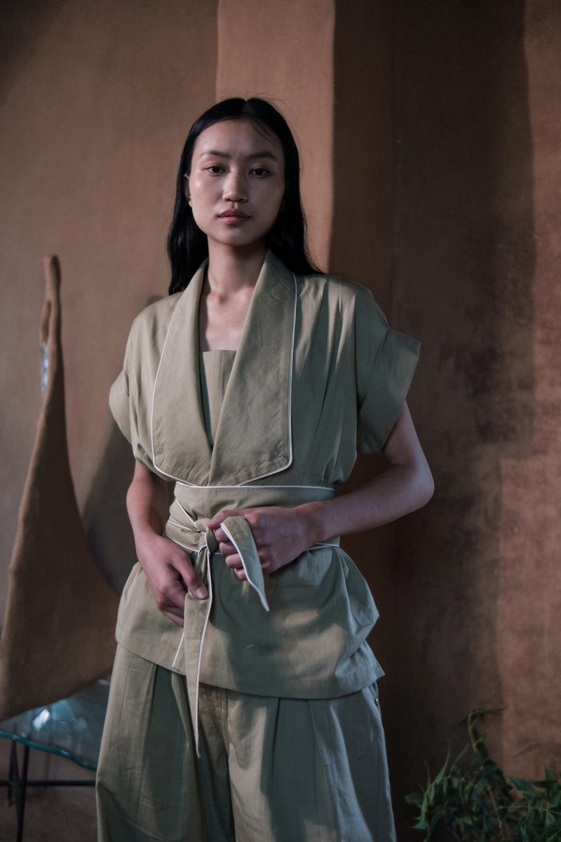 Berlin Shawl collar Top-Khaki cotton by The Terra Tribe for women in Singapore