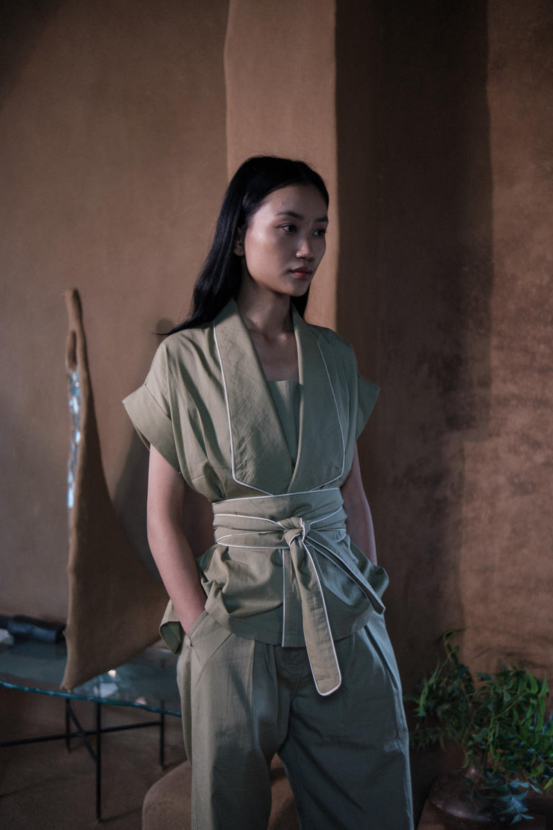 Berlin Shawl collar Top-Khaki cotton by The Terra Tribe for women in Singapore