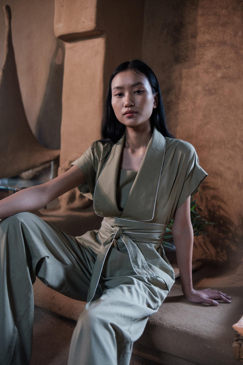 Berlin Shawl collar Top-Khaki cotton by The Terra Tribe for women in Singapore