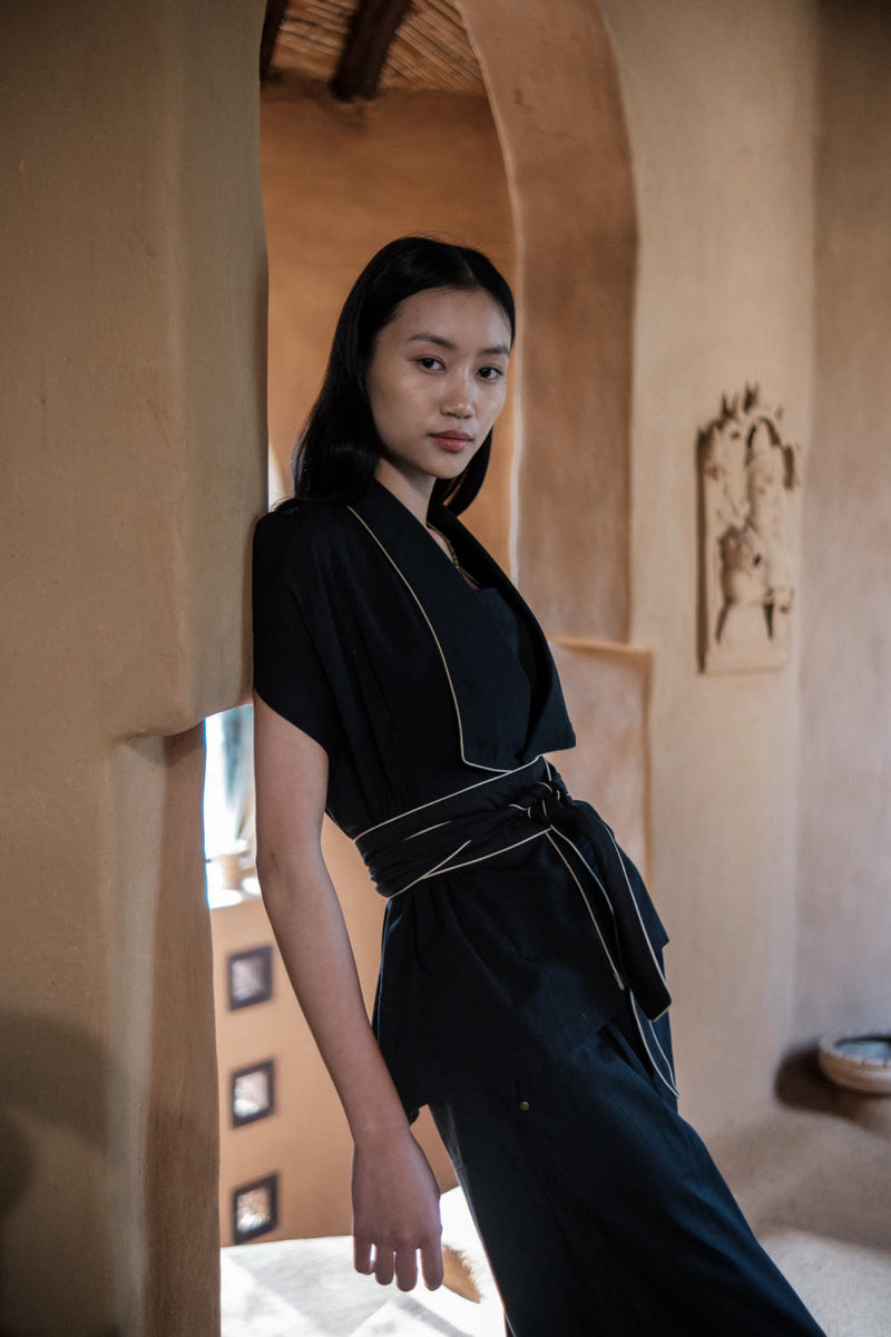 Berlin Shawl collar Top-Black cotton by The Terra Tribe in black color for women in Singapore