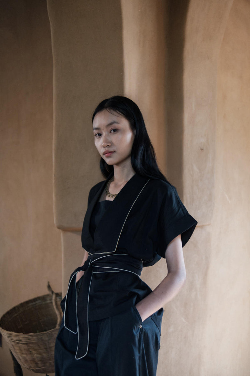 Berlin Shawl collar Top-Black cotton by The Terra Tribe in black color for women in Singapore