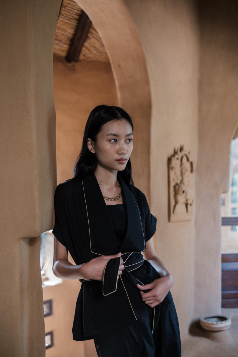 Berlin Shawl collar Top-Black cotton by The Terra Tribe in black color for women in Singapore