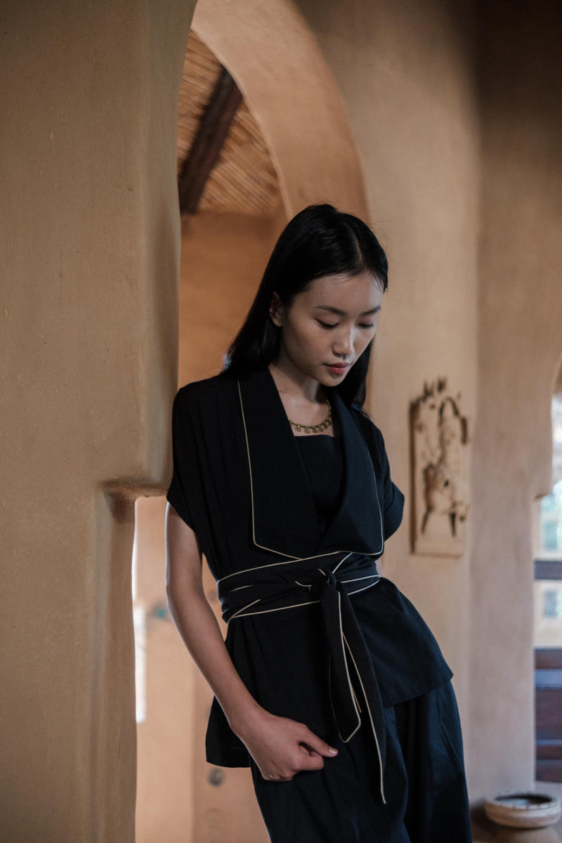 Berlin Shawl collar Top-Black cotton by The Terra Tribe in black color for women in Singapore
