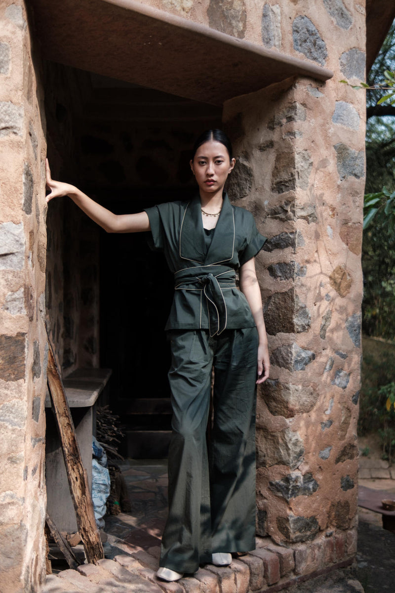 Berlin Shawl collar Top-Deep Green cotton by The Terra Tribe in green color for women in Singapore