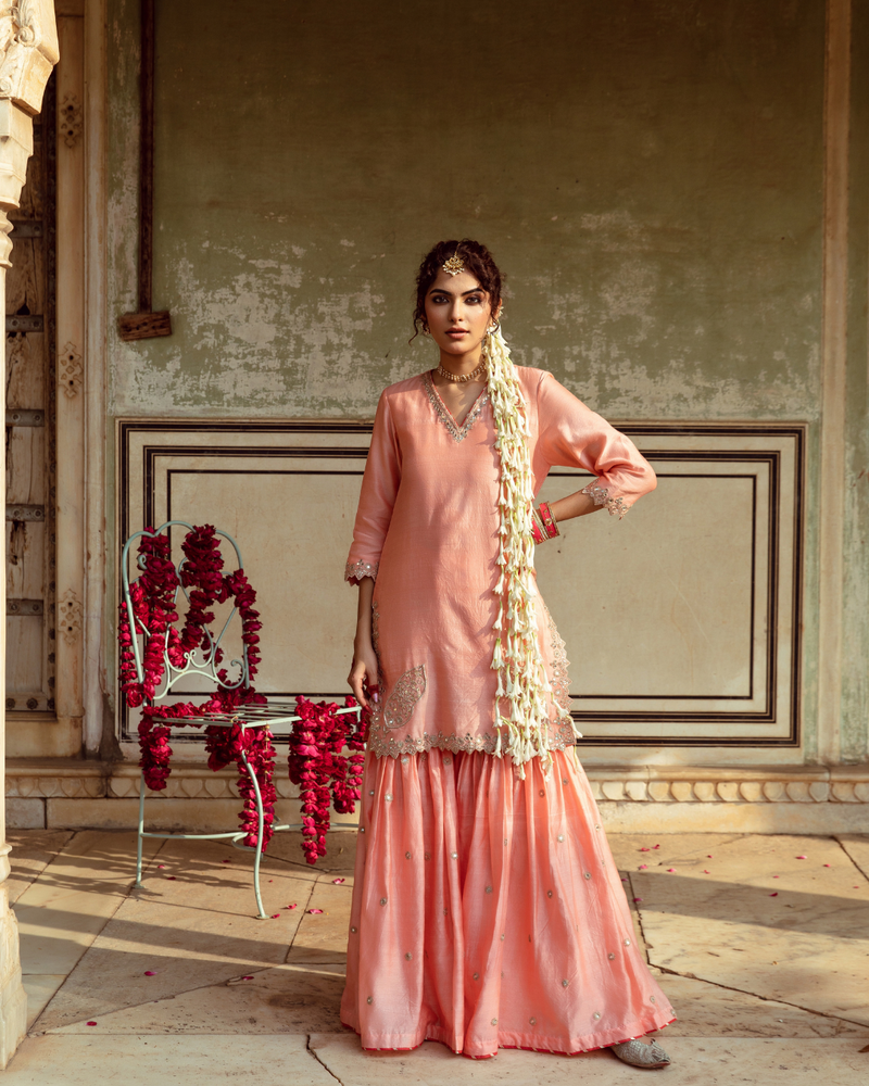 Peach Embroidered Chanderi Silk Sharara Set silk Buy Peach Embroidered Chanderi Silk Sharara Set from C&W | Kurta/Kurta Sets for Women by Maison Shefali in peach color for women in Singapore