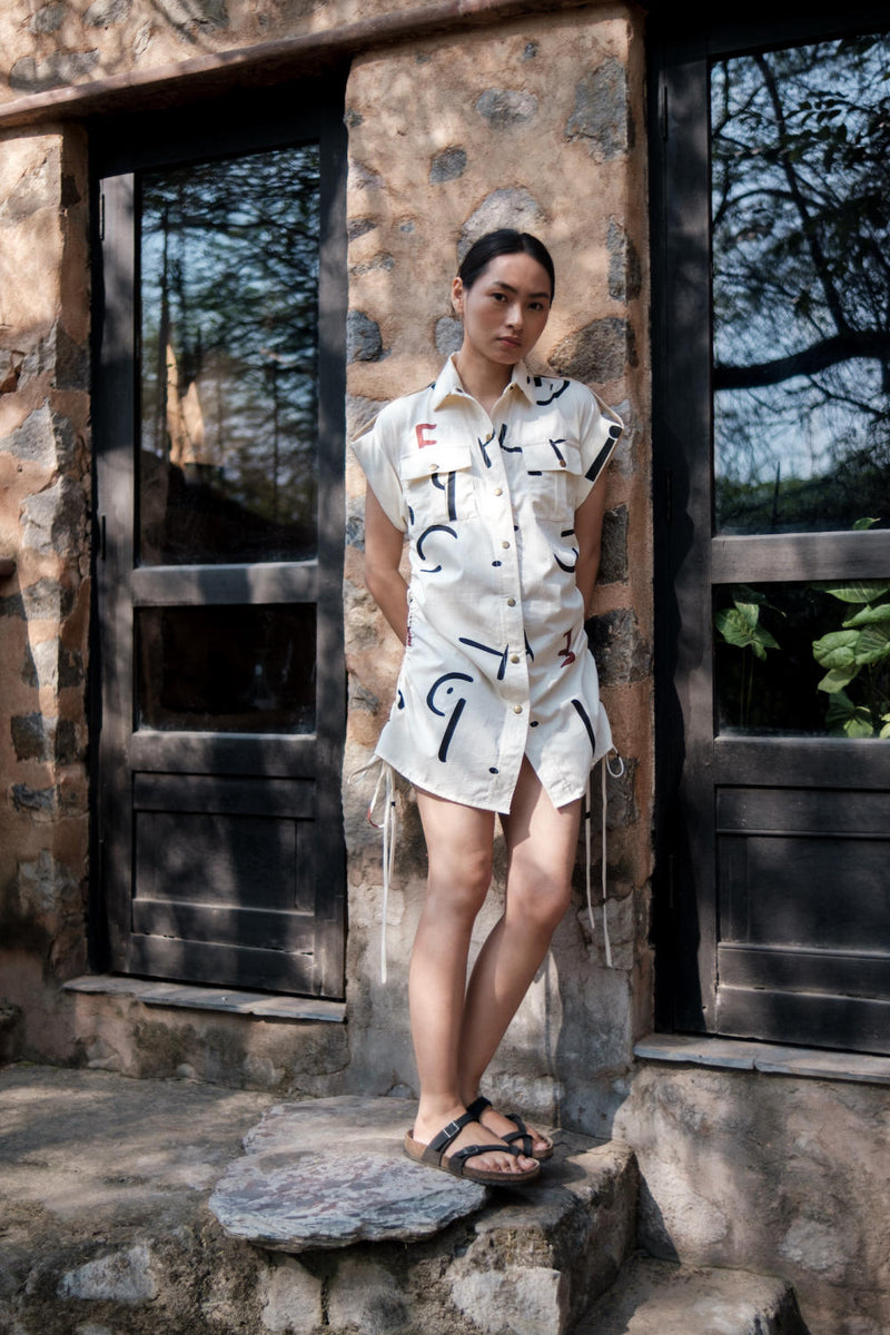 Sunrise gather shirt-Ecru Line Printed cotton by The Terra Tribe in ecru color for women in Singapore