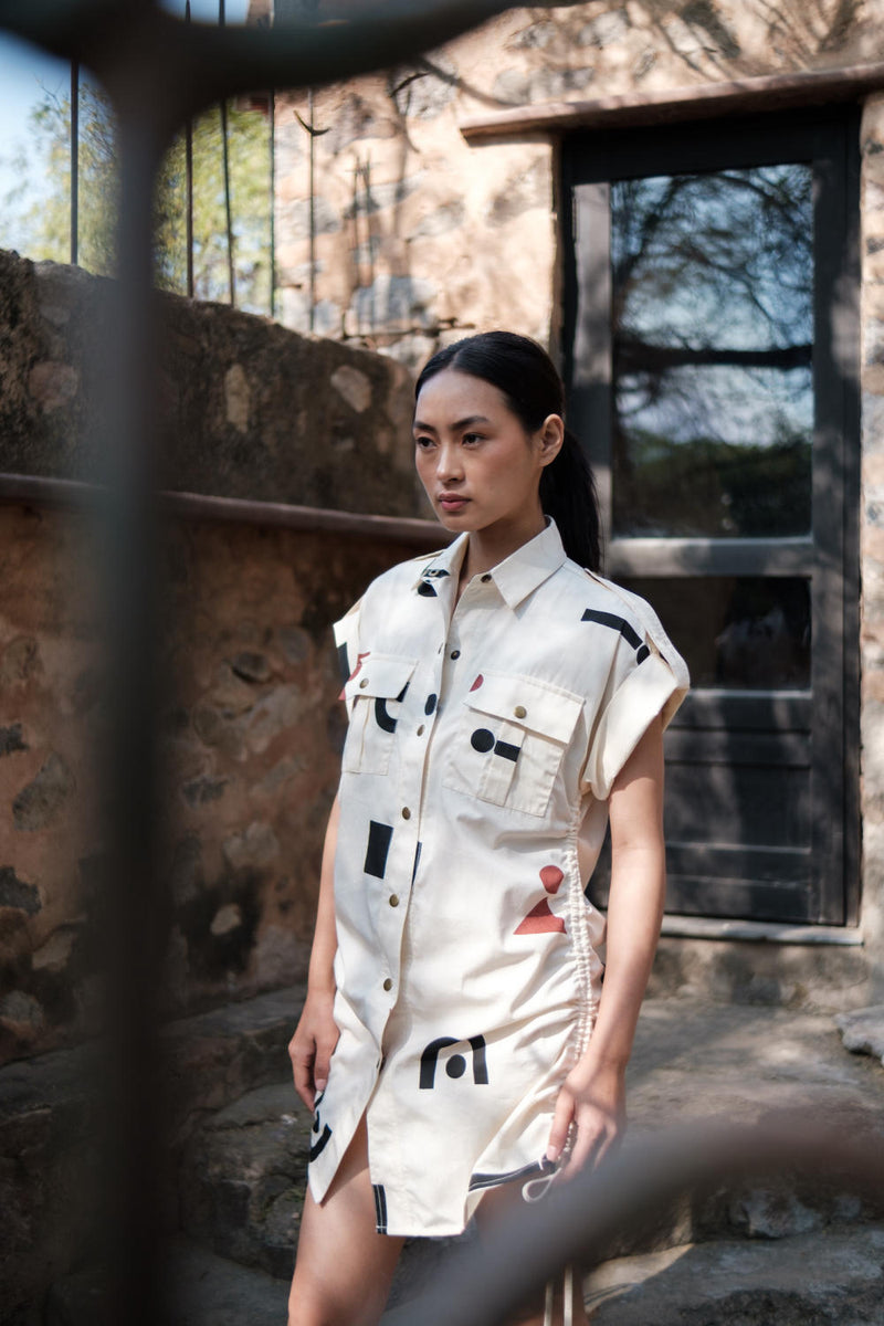 Sunrise gather shirt-Ecru Triangle Printed cotton by The Terra Tribe in ecru color for women in Singapore