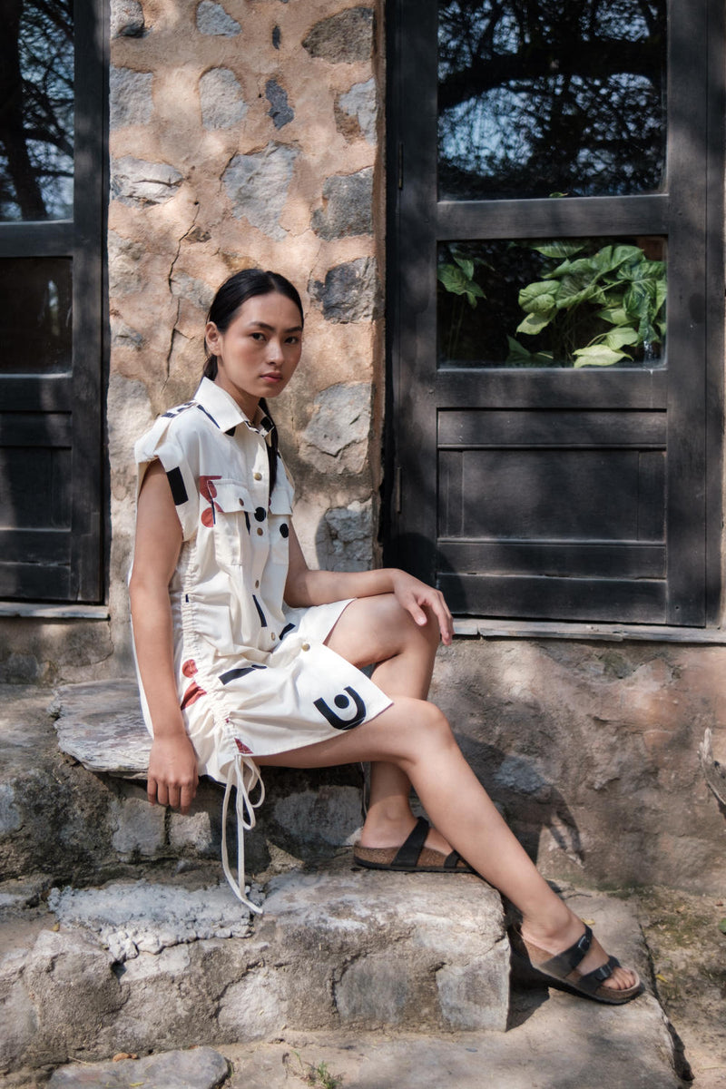 Sunrise gather shirt-Ecru Triangle Printed cotton by The Terra Tribe in ecru color for women in Singapore