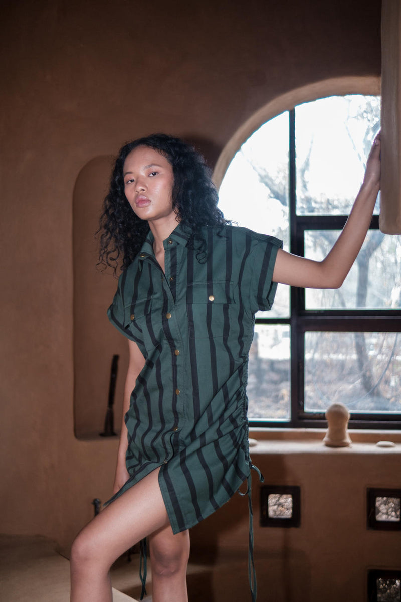 Sunrise gather shirt-Deep Green Stripes cotton by The Terra Tribe in green color for women in Singapore