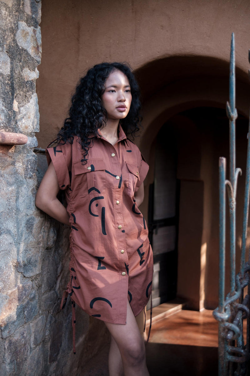 Sunrise gather shirt-Copper Line Printed cotton by The Terra Tribe for women in Singapore
