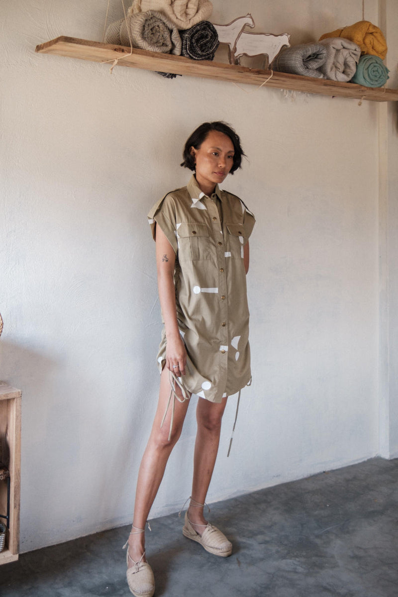 Sunrise gather shirt-Khaki Triangle Printed cotton by The Terra Tribe for women in Singapore