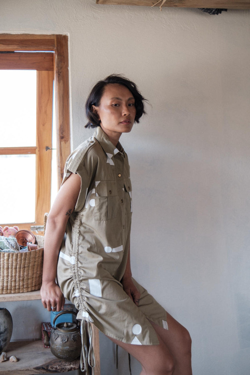 Sunrise gather shirt-Khaki Triangle Printed cotton by The Terra Tribe for women in Singapore