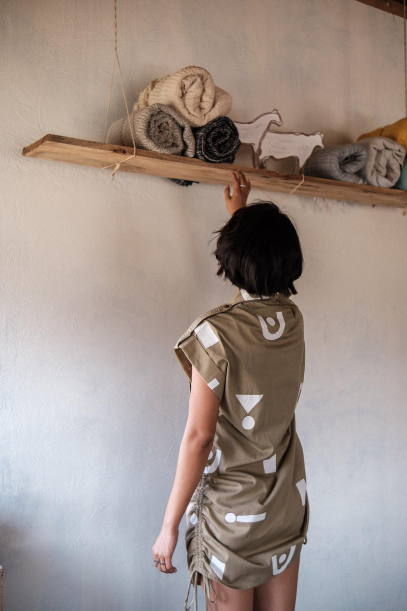 Sunrise gather shirt-Khaki Triangle Printed cotton by The Terra Tribe for women in Singapore