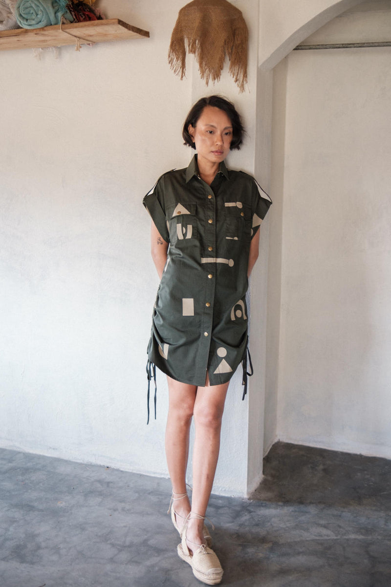 Sunrise gather shirt-Deep Green Triangle Printed cotton by The Terra Tribe in green color for women in Singapore