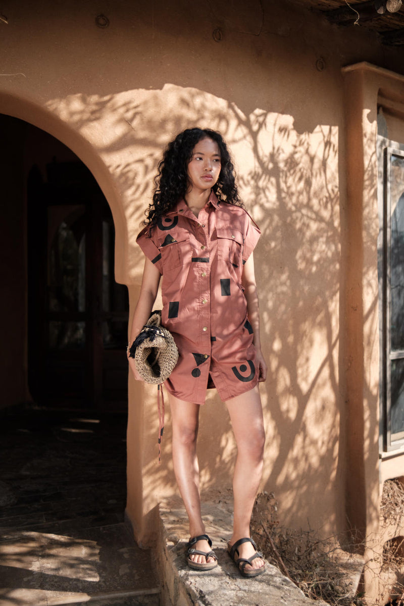 Sunrise gather shirt-Copper Triangle Printed cotton by The Terra Tribe for women in Singapore
