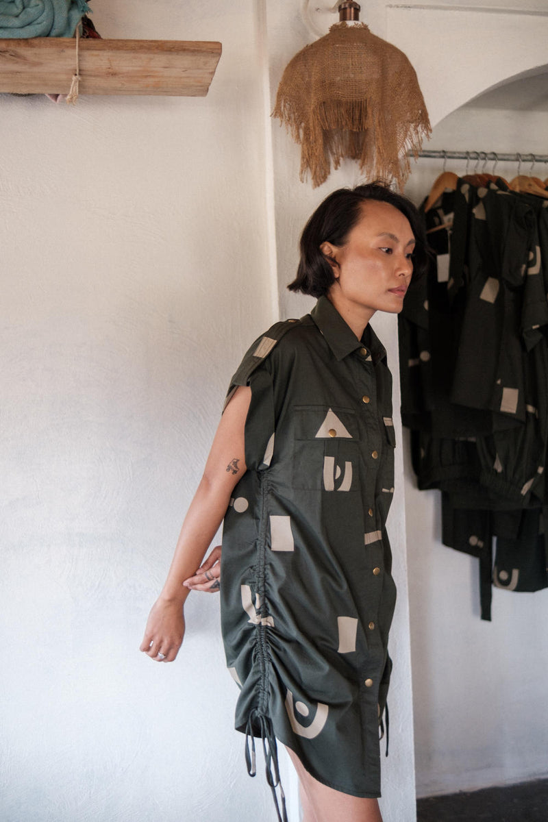 Sunrise gather shirt-Deep Green Triangle Printed cotton by The Terra Tribe in green color for women in Singapore