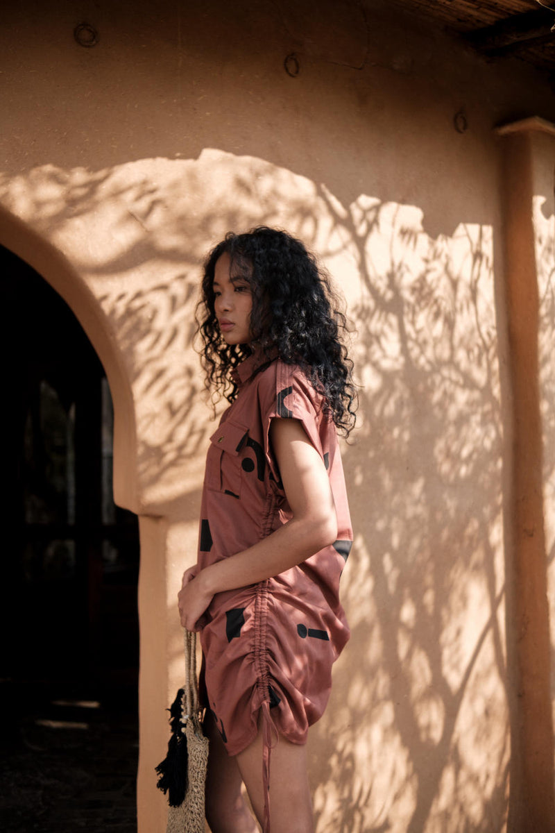 Sunrise gather shirt-Copper Triangle Printed cotton by The Terra Tribe for women in Singapore