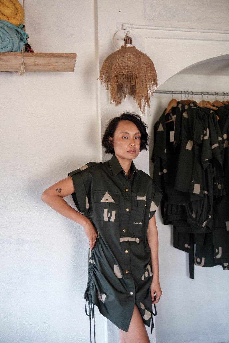 Sunrise gather shirt-Deep Green Triangle Printed cotton by The Terra Tribe in green color for women in Singapore