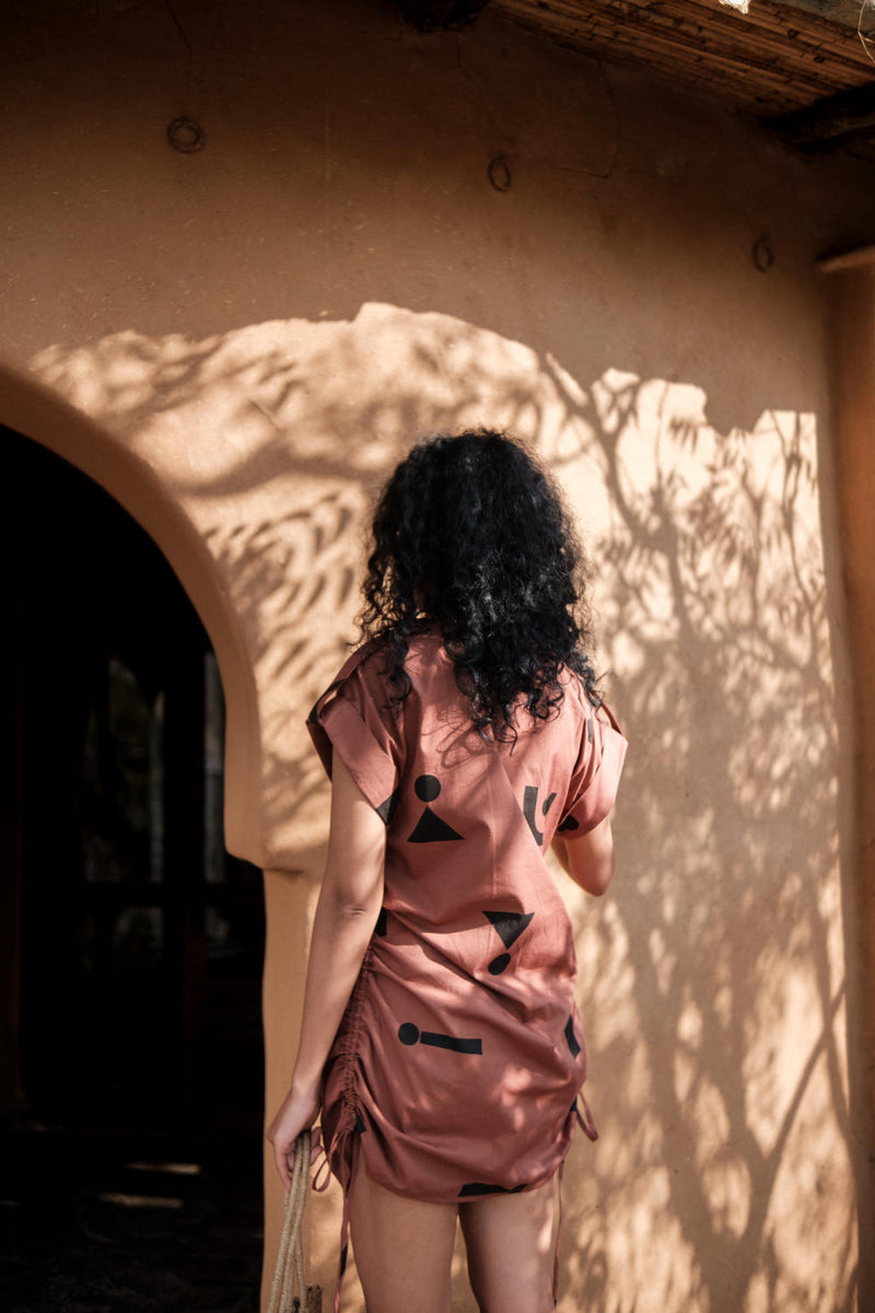 Sunrise gather shirt-Copper Triangle Printed cotton by The Terra Tribe for women in Singapore