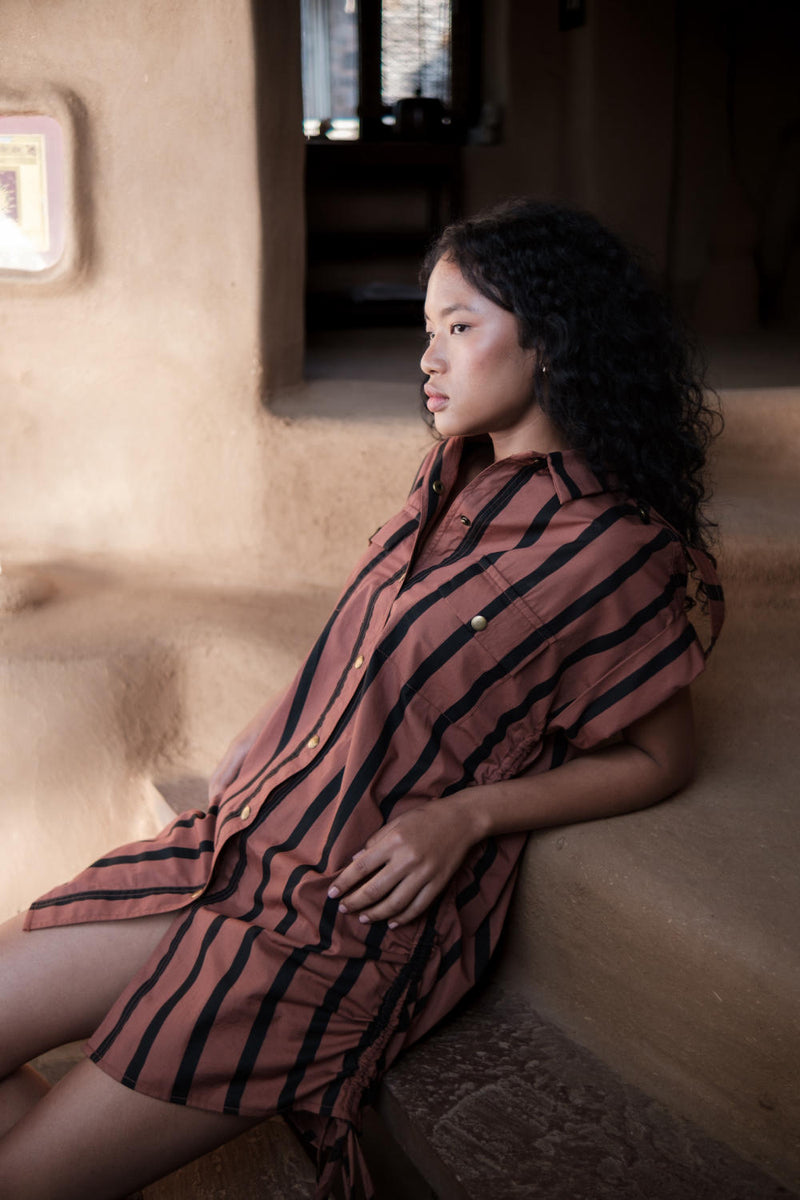 Sunrise gather shirt-Copper Stripes cotton by The Terra Tribe for women in Singapore