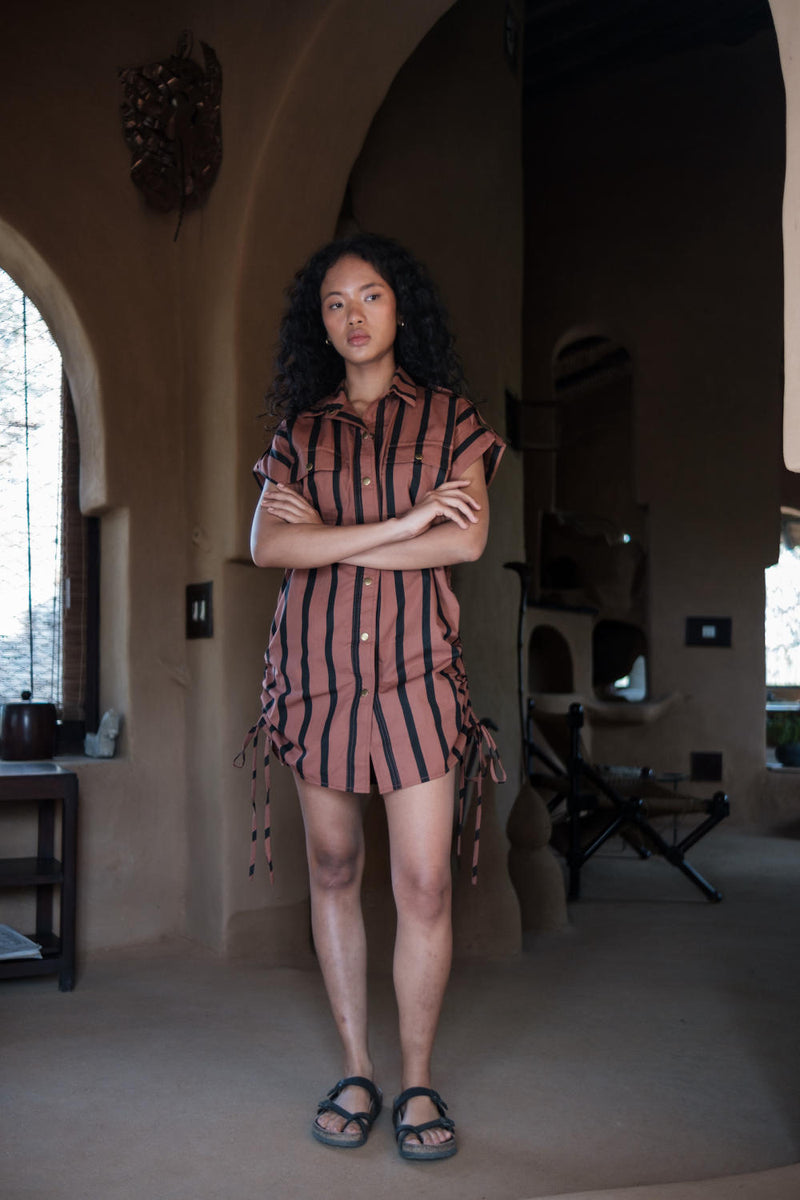 Sunrise gather shirt-Copper Stripes cotton by The Terra Tribe for women in Singapore