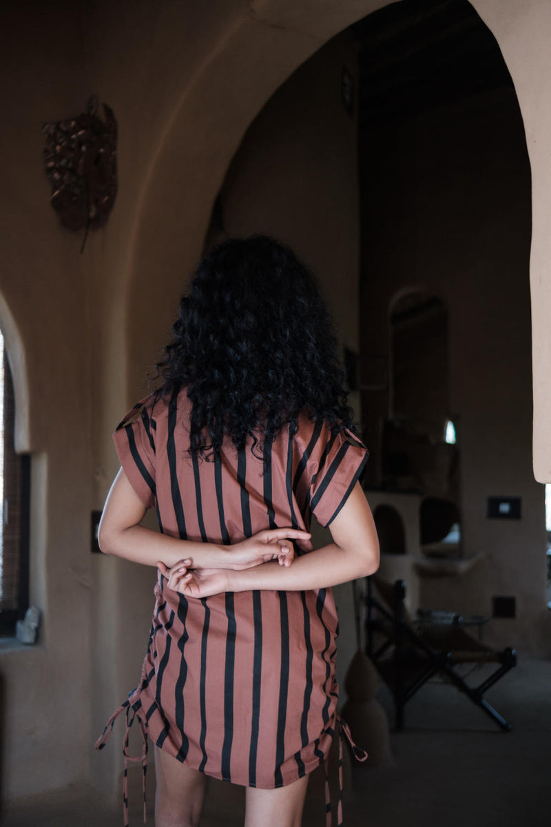 Sunrise gather shirt-Copper Stripes cotton by The Terra Tribe for women in Singapore