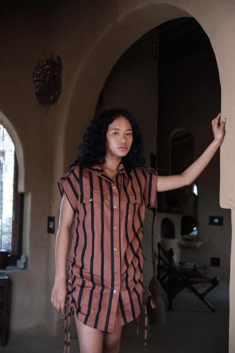 Sunrise gather shirt-Copper Stripes cotton by The Terra Tribe for women in Singapore