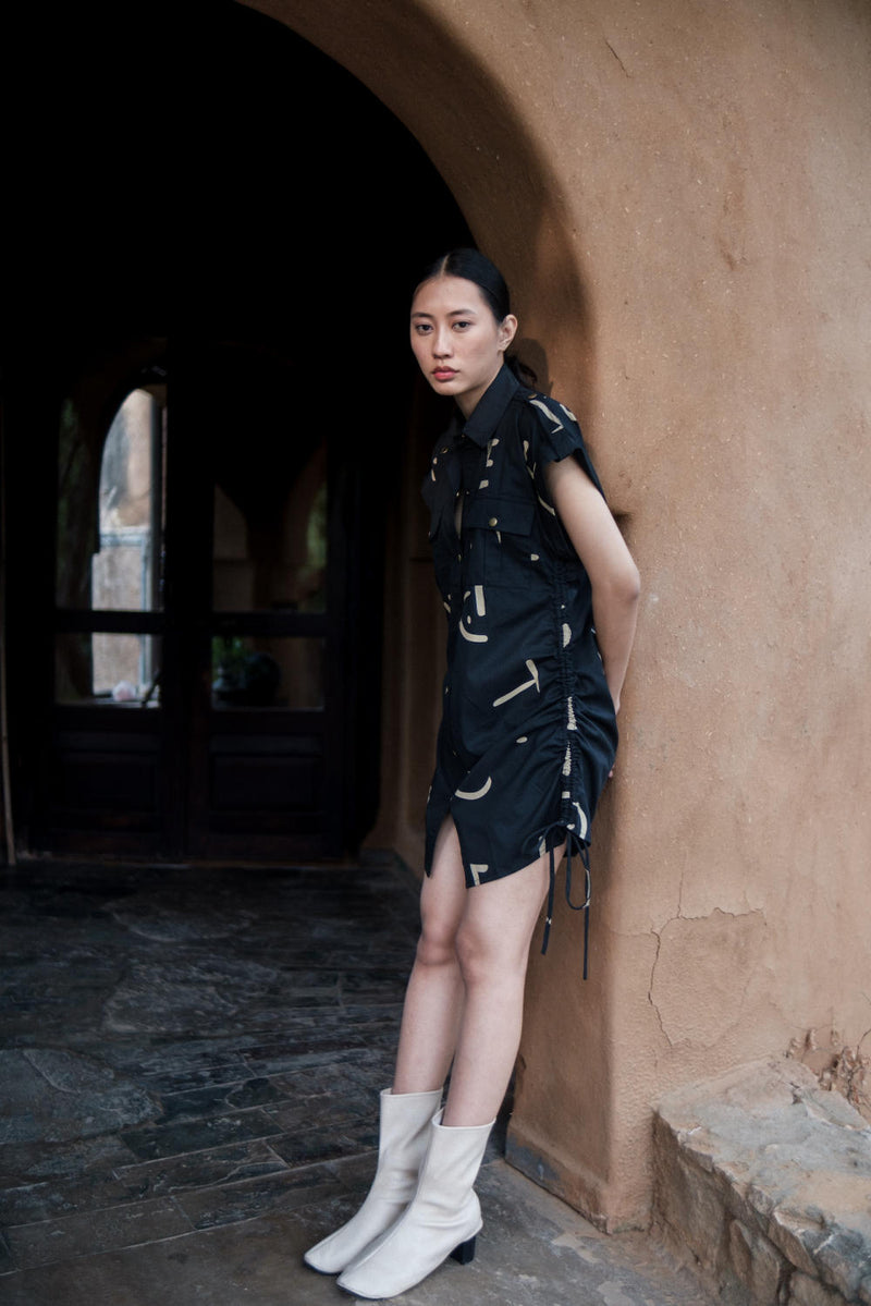 Sunrise gather shirt-Black line Printed cotton by The Terra Tribe in black color for women in Singapore