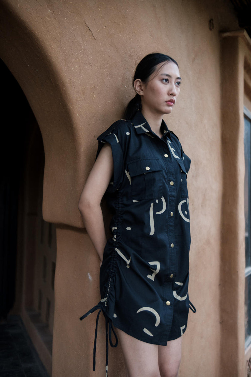 Sunrise gather shirt-Black line Printed cotton by The Terra Tribe in black color for women in Singapore